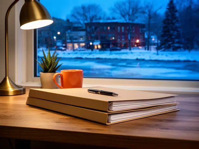 A neat stack of closed manila folders and a pen on a desk by a window.
