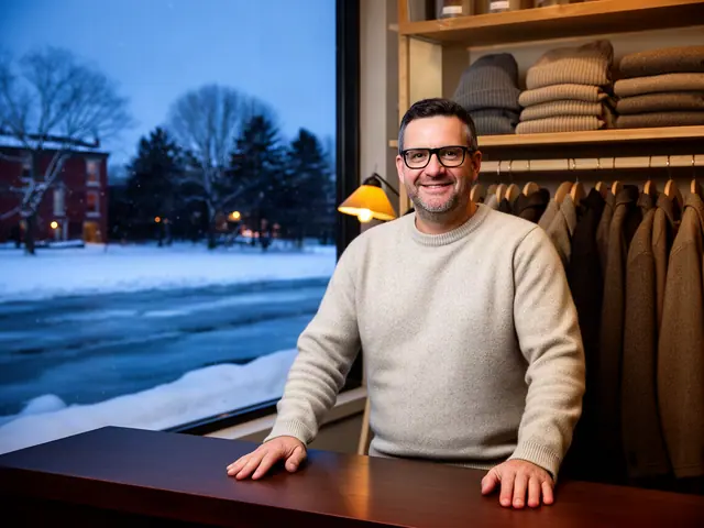 A shop owner behind the counter of a small winter-outerwear and wool-goods shop.