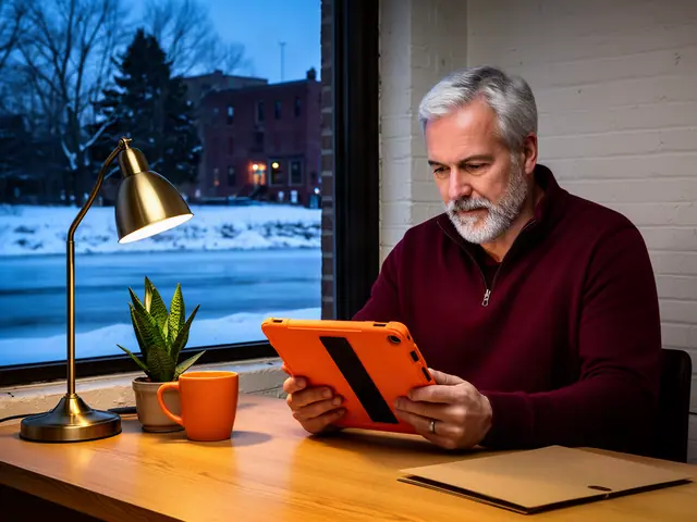 A man with short gray hair reviewing a tablet at a desk in a small back office.