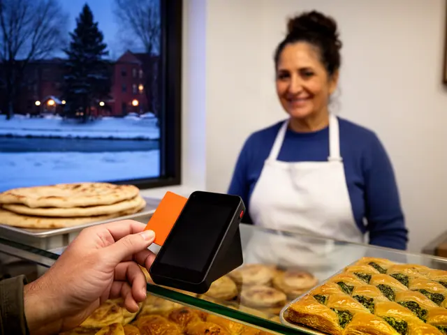 A customer taps a card on a counter terminal at a small Lebanese bakery.