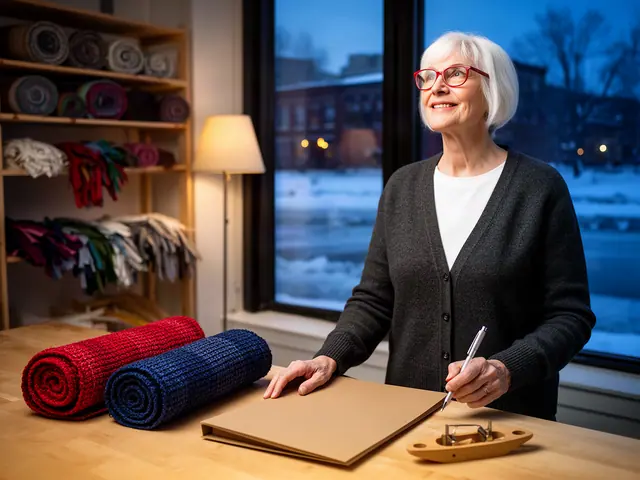 A rug weaver at her worktable with rolled red and indigo rag rugs and a wooden shuttle.